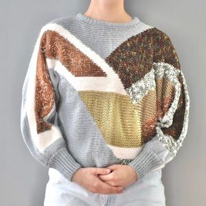 Angenie Light Blue Brown Vintage Patchwork Vibrant Comfy Colored Sweater